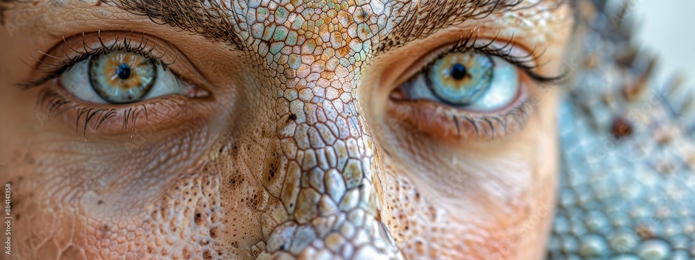 A tight shot of a face with reptilian texture and blue eyes A tight shot of a face with reptilian texture and blue eyes