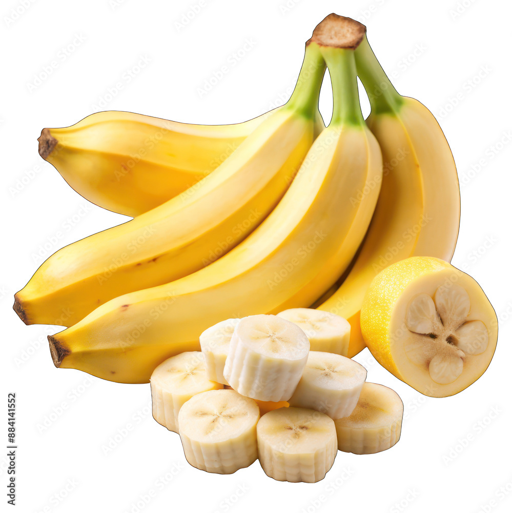 A bunch of bananas and plantains are displayed on transparent background A bunch of bananas and plantains are displayed on transparent background