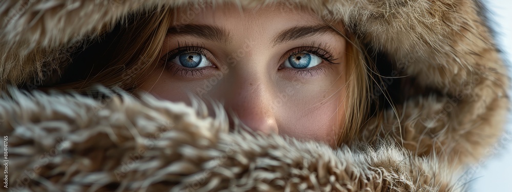 A tight shot of a woman's blue-eyed face, her features framed by a fur-lined hood