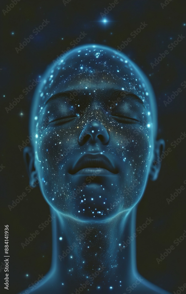 Conceptual depiction of a person absorbed in himself, reflecting with his thoughts on the origin of life in the universe, the meaning of its existence and the past and future Conceptual depiction of a person absorbed in himself, reflecting with his thoughts on the origin of life in the universe, the meaning of its existence and the past and future