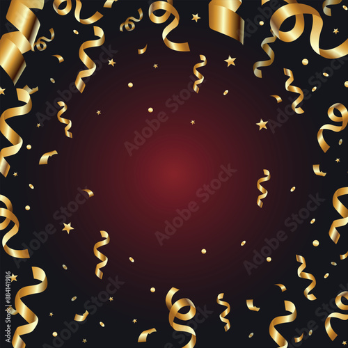 Falling bright shiny gold confetti and stars. Celebration, serpentine on dark balck and red background. Confetti flying on the floor. Anniversary, celebration, winner, award and etc.