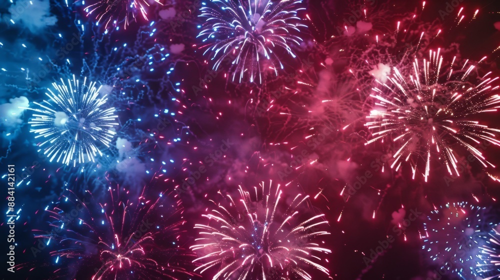 A stunning array of vibrant fireworks lighting up the dark night sky, showcasing various colors like blue and red, creating a mesmerizing visual spectacle. A stunning array of vibrant fireworks lighting up the dark night sky, showcasing various colors like blue and red, creating a mesmerizing visual spectacle.