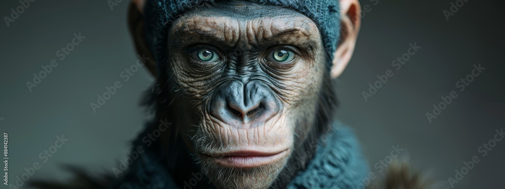  A tight shot of a monkey wearing a hat, its green eyes prominent in the frame