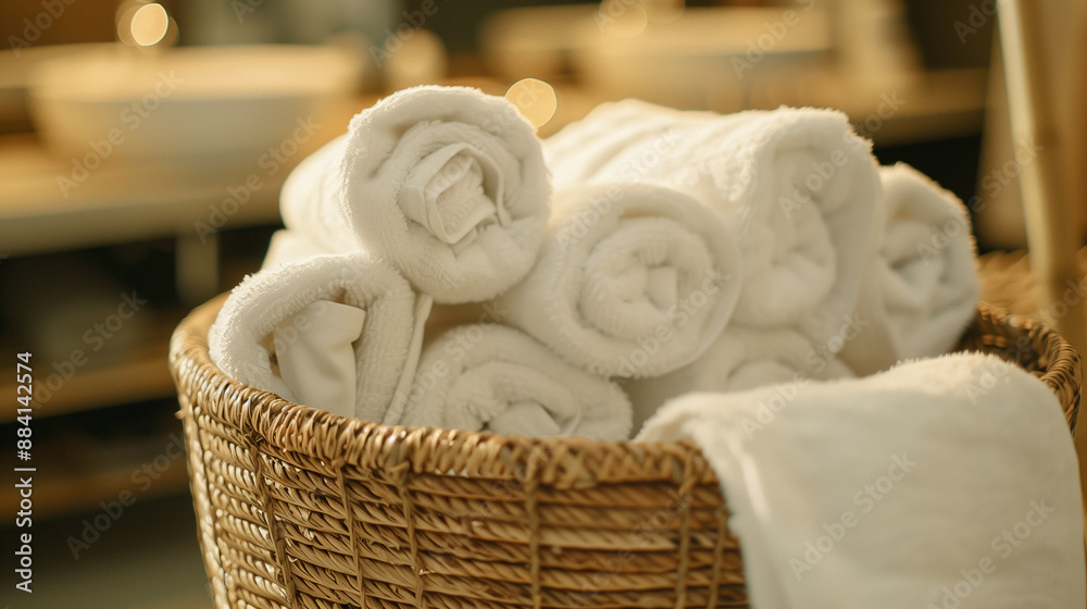 white towels in a bedroom, Neatly arranged white towels in a woven basket, housekeeping, organized neatly indoors white towels in a bedroom, Neatly arranged white towels in a woven basket, housekeeping, organized neatly indoors