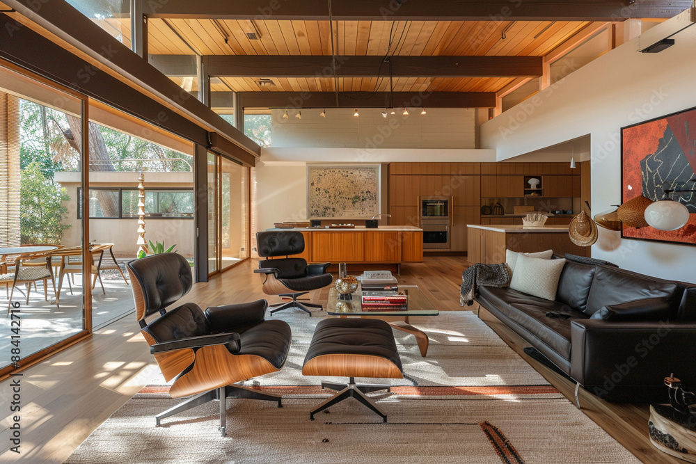 Fototapeta premium Mid-century modern interior, living space, livingroom