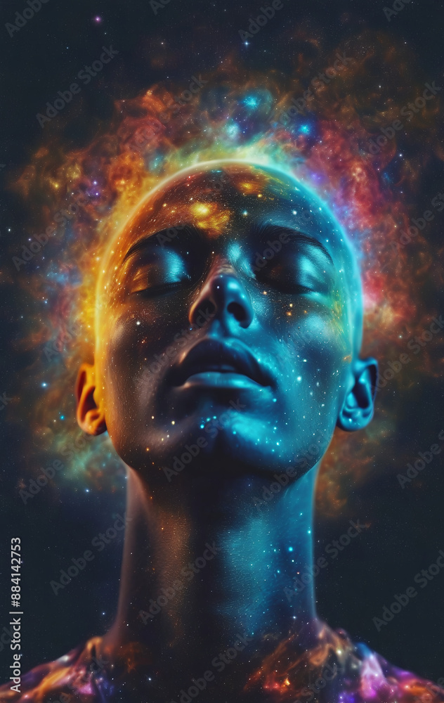 Conceptual depiction of a person absorbed in himself, reflecting with his thoughts on the origin of life in the universe, the meaning of its existence and the past and future Conceptual depiction of a person absorbed in himself, reflecting with his thoughts on the origin of life in the universe, the meaning of its existence and the past and future