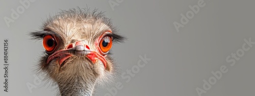  A tight shot of an ostrich's head against a gray backdrop, its eyes vividly red photo