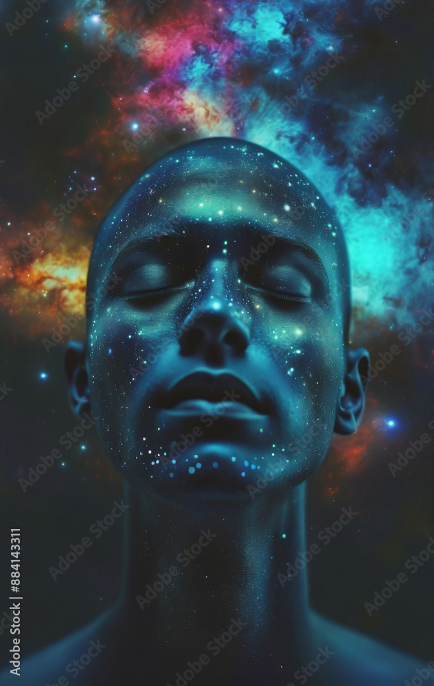 Conceptual depiction of a person absorbed in himself, reflecting with his thoughts on the origin of life in the universe, the meaning of its existence and the past and future Conceptual depiction of a person absorbed in himself, reflecting with his thoughts on the origin of life in the universe, the meaning of its existence and the past and future