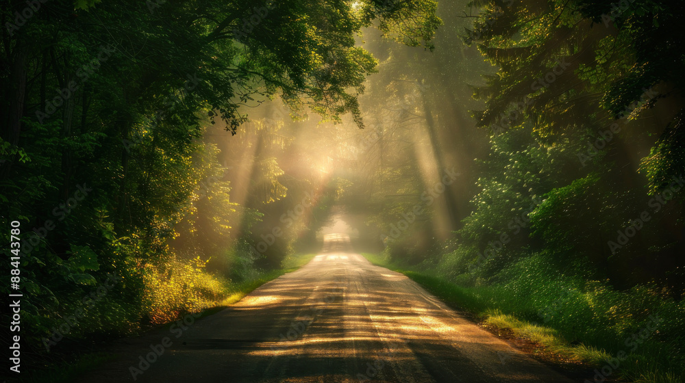 Obraz premium Sunbeams Through Forest Road.
