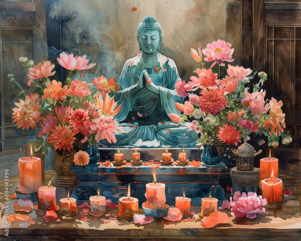 Fototapeta premium Create a watercolor painting of a beautifully decorated Buddha altar with candles, flowers, and offerings on a Buddhist holy day.