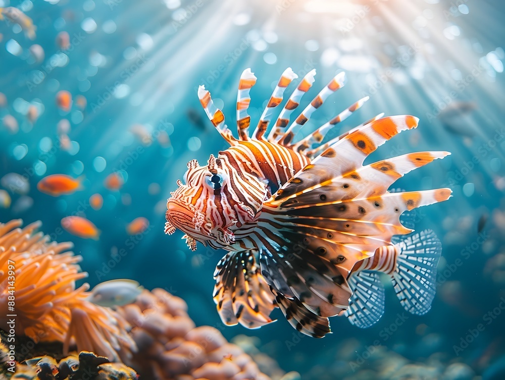 Majestic Lionfish Displaying Its Regal Spines in a Vibrant Coral Reef Illuminated by Sunlight Majestic Lionfish Displaying Its Regal Spines in a Vibrant Coral Reef Illuminated by Sunlight