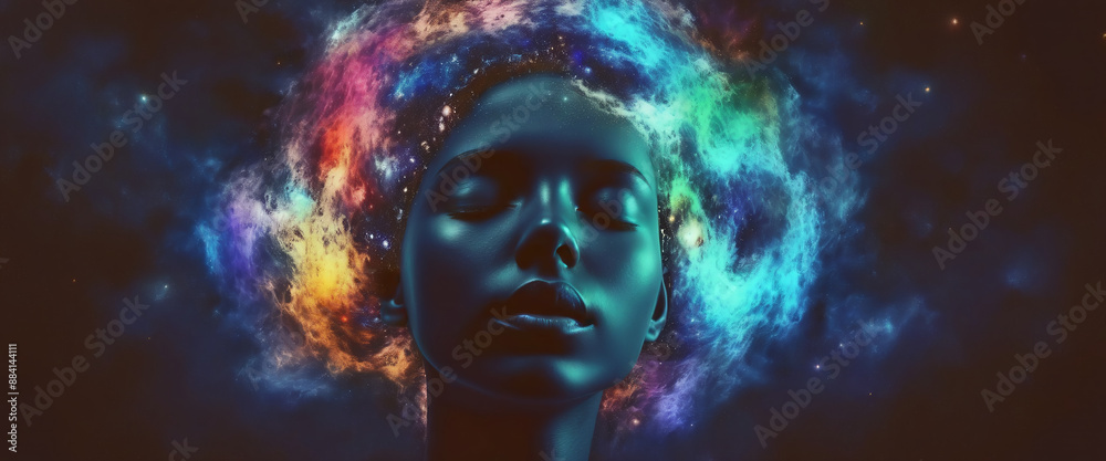 Conceptual depiction of a person absorbed in himself, reflecting with his thoughts on the origin of life in the universe, the meaning of its existence and the past and future Conceptual depiction of a person absorbed in himself, reflecting with his thoughts on the origin of life in the universe, the meaning of its existence and the past and future