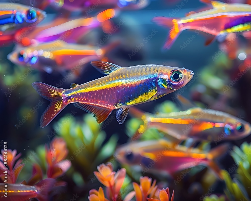 Fototapeta premium Shimmering Neon Tetras in a Densely Planted Aquarium Showcase Vibrant Iridescent Scales