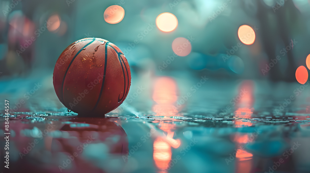 A basketball is sitting on a wet court