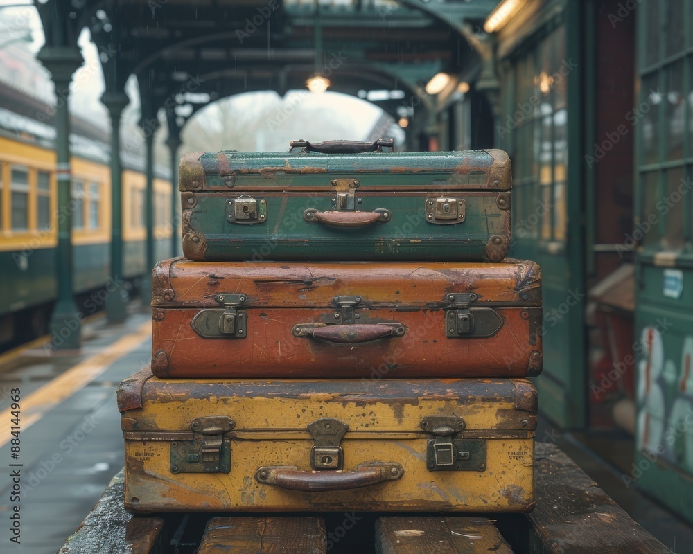 Create a high-quality photograph of a stack of vintage suitcases, placed in front of an old train station. Create a high-quality photograph of a stack of vintage suitcases, placed in front of an old train station.