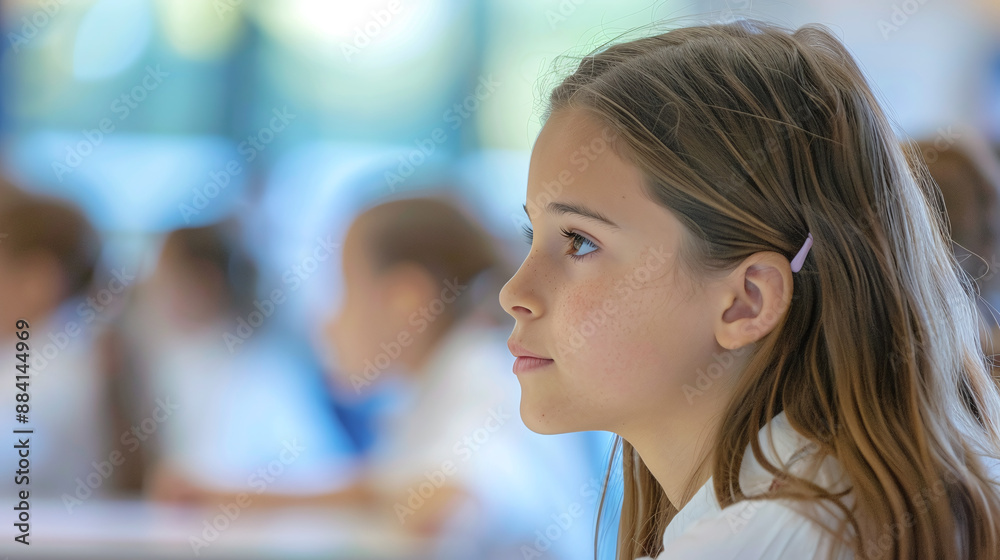 A little girl schoolgirl sits at a desk with classmates in a school classroom and listens to a teacher in class