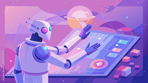 robot with a laptop robot hand pressing on virtual digital screen big data connection technology AI machine learning idea concept