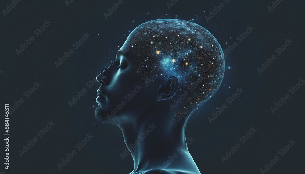 Conceptual depiction of a person absorbed in himself, reflecting with his thoughts on the origin of life in the universe, the meaning of its existence and the past and future Conceptual depiction of a person absorbed in himself, reflecting with his thoughts on the origin of life in the universe, the meaning of its existence and the past and future