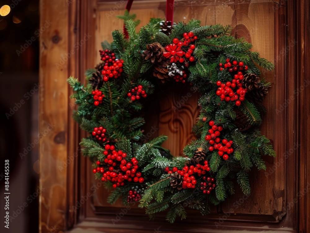 Close-up of a Christmas wreath made of pine branches and red berries, hanging on a wooden door with a softly lit background Close-up of a Christmas wreath made of pine branches and red berries, hanging on a wooden door with a softly lit background