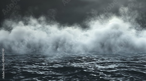 In this picture, there are smoke clouds above a black water surface.
