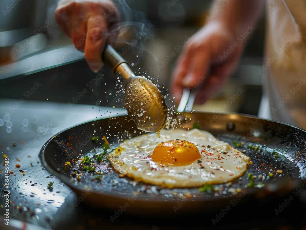 Obraz premium Master Chef Demonstrating Skillful Egg Cooking Techniques in Professional Kitchen