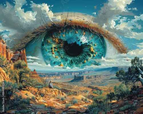 Create a surrealistic painting of a giant eye in the sky, watching over a dreamlike landscape filled with surreal objects and figures.