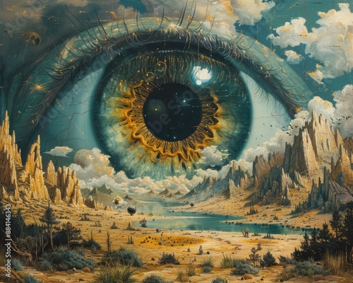 Create a surrealistic painting of a giant eye in the sky, watching over a dreamlike landscape filled with surreal objects and figures.