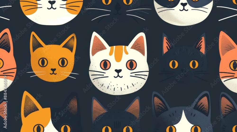 Seamless pattern with cute cartoon cat faces on dark background Seamless pattern with cute cartoon cat faces on dark background