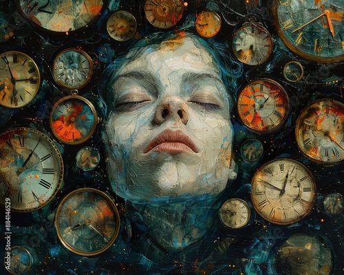 Create a surrealistic painting of a figure surrounded by clocks, each one showing a different time and reality within their dreams.