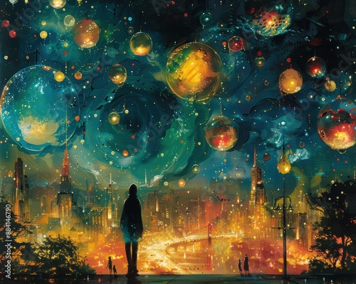 Create a surrealistic painting of a person floating above a cityscape, with dream bubbles showing scenes of surreal and fantastical events.