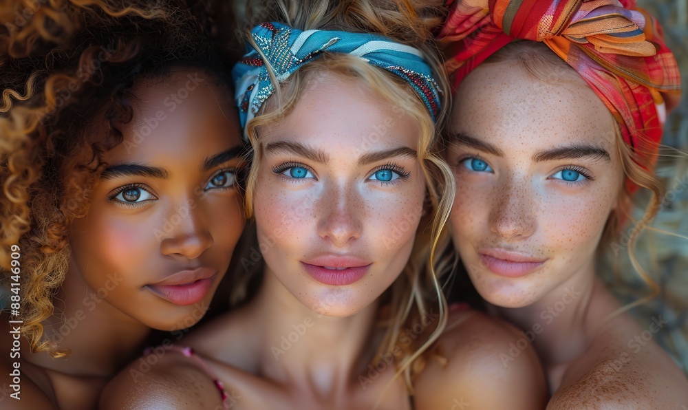Three beautiful young women of different cultures hug together, representing the concept of friendship. Three beautiful young women of different cultures hug together, representing the concept of friendship.