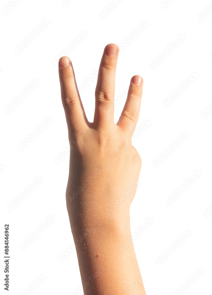 Three, 3 number, kids hand gesture, sign. isolated on white background.. Three, 3 number, kids hand gesture, sign. isolated on white background..