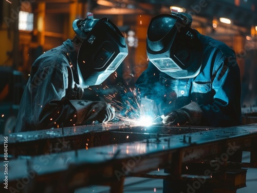 Two welders working on a metal structure, with sparks flying and welding masks on, in an industrial setting, highlighting the precision and danger of welding 