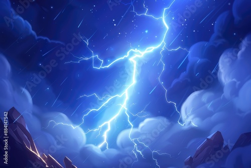Bright lightning bolts illuminate the stormy night sky