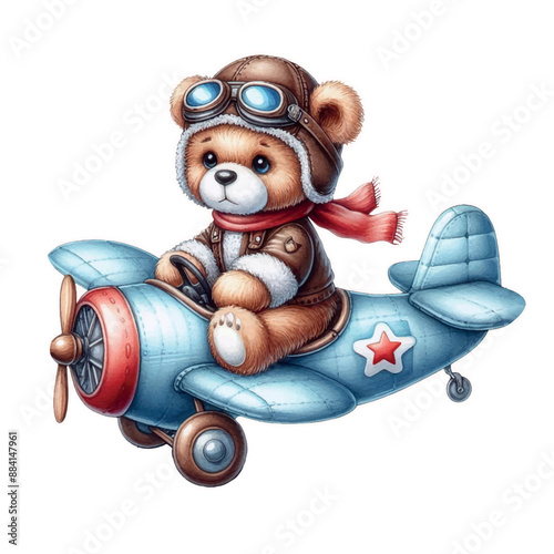 Cute teddy bear pilot on a plane. Vector watercolor illustration. Large size baby interior sticker with contour.  kids Print. cut out