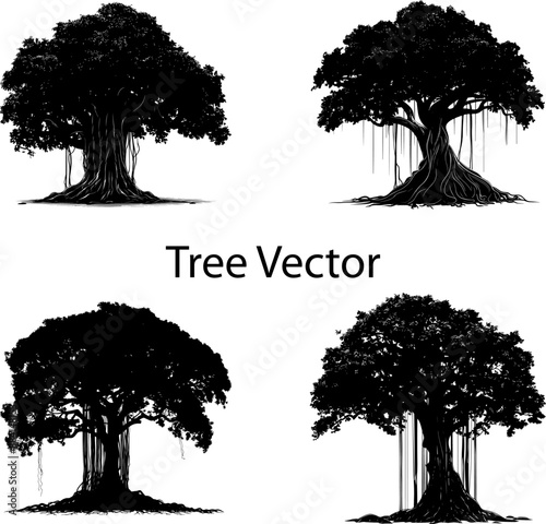 Banyan tree silhouettes vector illustration