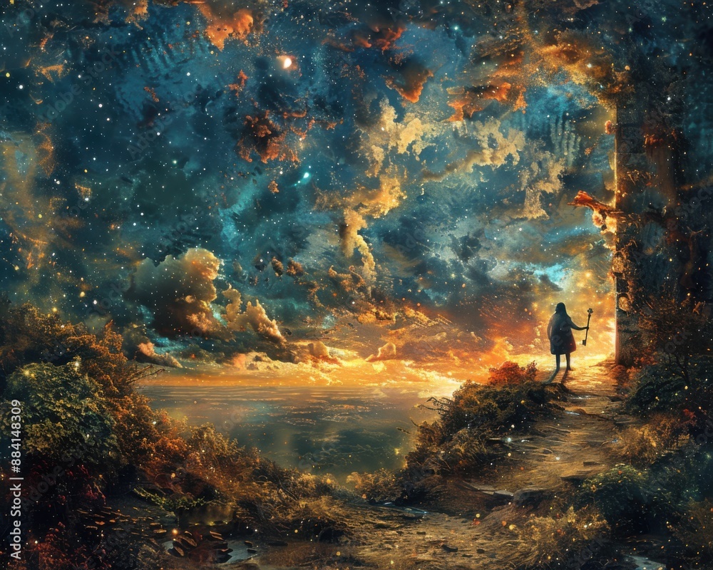 Create a surrealistic painting of a person holding a key that opens a door to a world filled with their dreams and goals. Create a surrealistic painting of a person holding a key that opens a door to a world filled with their dreams and goals.