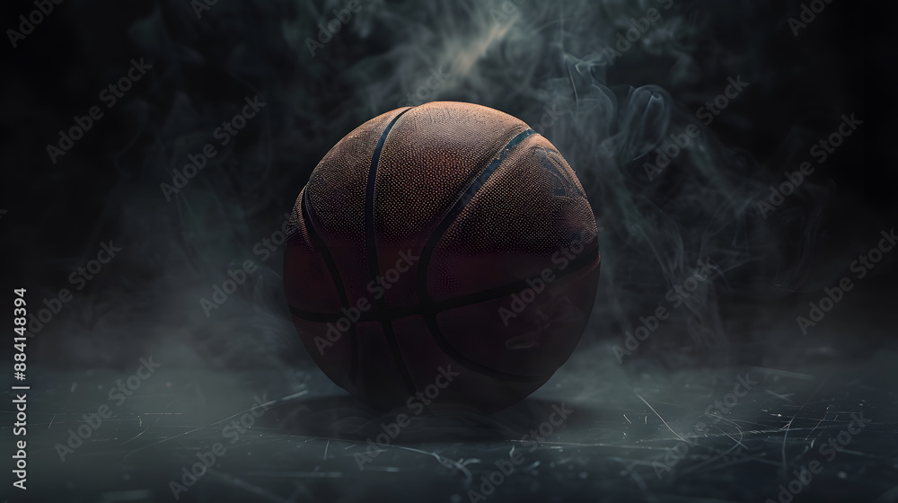 A basketball on a surface, with a shadow of it cast on the ground A basketball on a surface, with a shadow of it cast on the ground
