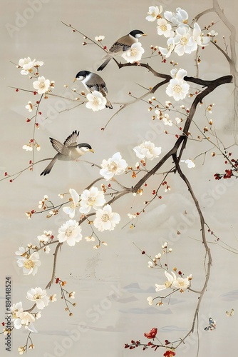 birds on a branch painting in chinoiseries style