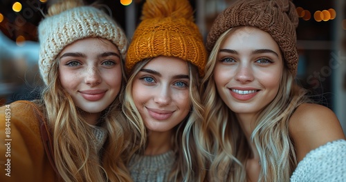  three young women taking selfie picture drinking coffee sitting at bar cafeteria life style concept with female friends hanging out on city street food beverage and friendship concept