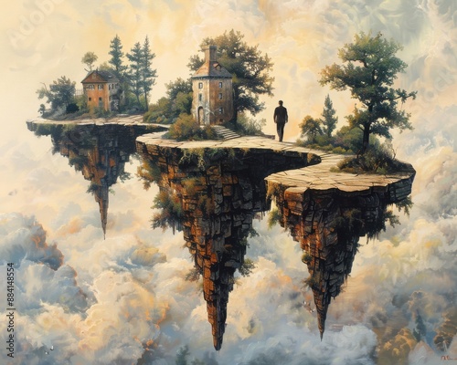 Create a surrealistic painting of a person walking through a landscape of floating islands, each island representing a step towards their goal. photo