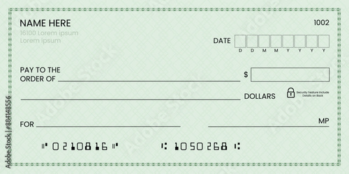 Blank bank check, checkbook cheque template or money payment paper voucher, vector mockup. Business or personal account cash pay cheque certificate or paycheck coupon from checkbook