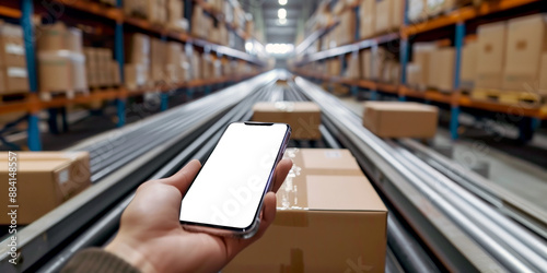 Wallpaper Mural A close-up of a hand holding a smartphone with a blank screen in the middle of a warehouse. Torontodigital.ca
