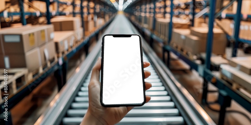 Wallpaper Mural A close-up of a hand holding a smartphone with a blank screen in the middle of a warehouse. Torontodigital.ca