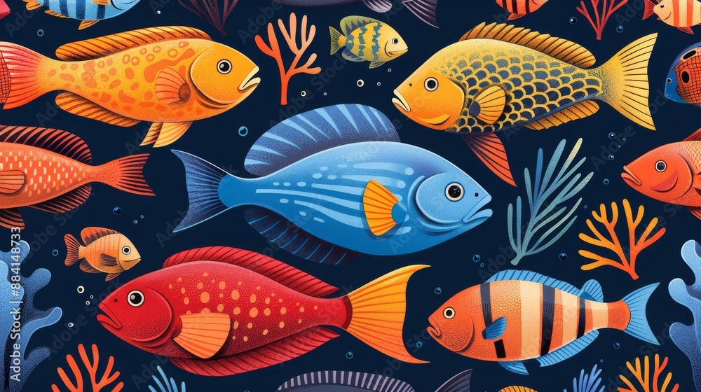 Fototapeta premium Colorful and Diverse Fish Species in a Seamless Pattern Design