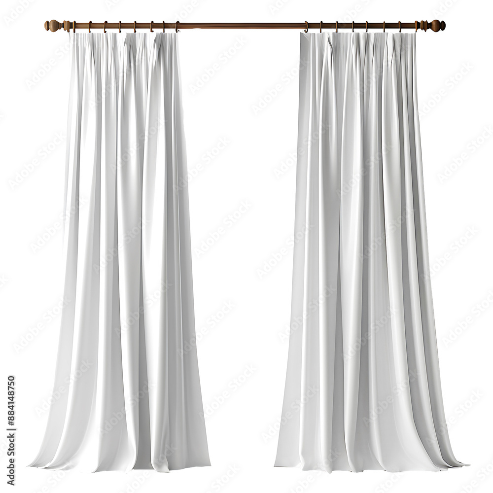 White elegant curtains with a wooden tab isolated on a white background White elegant curtains with a wooden tab isolated on a white background