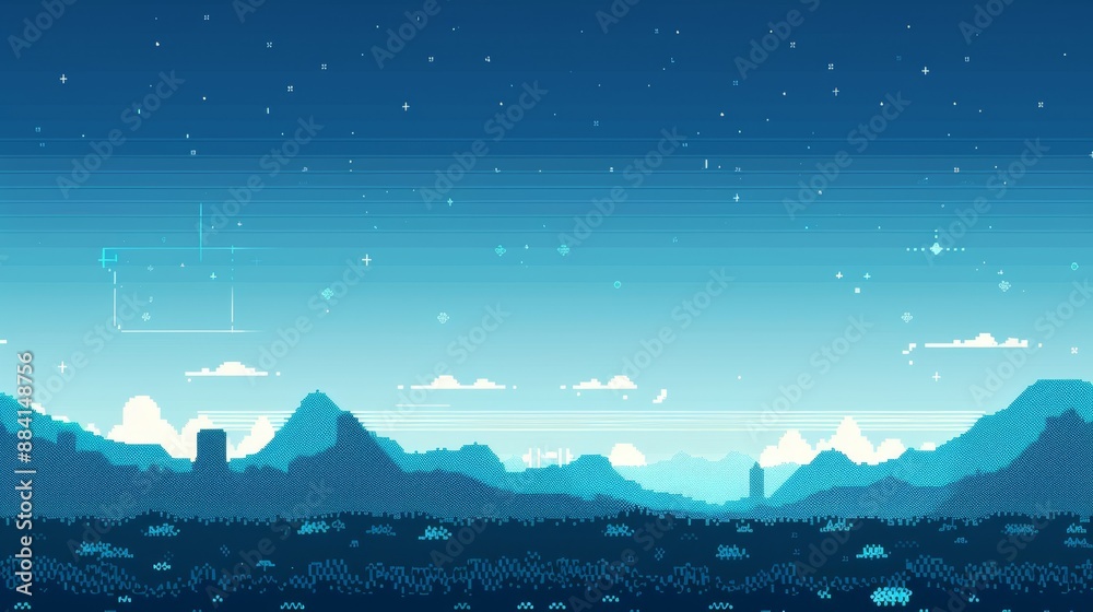 Fototapeta premium Serene Pixelated Mountain Landscape at Nighttime Under Starry Sky