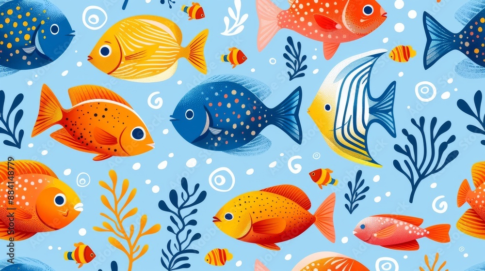 Playful Fish and Colorful Aquatic Plants in Seamless Pattern Playful Fish and Colorful Aquatic Plants in Seamless Pattern