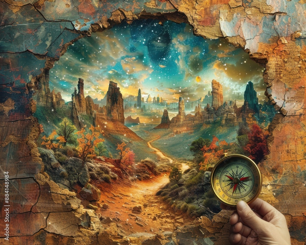 Create a surrealistic painting of a person holding a compass that points towards their dreams, with the background filled with surreal landscapes.
