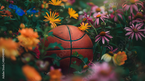 A basketball is sitting in a field of flowers